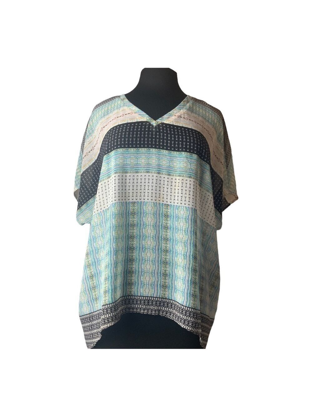 CAbi 328 Sheer Blouse V-neck Top Black Turquoise Green White Excellent Condition